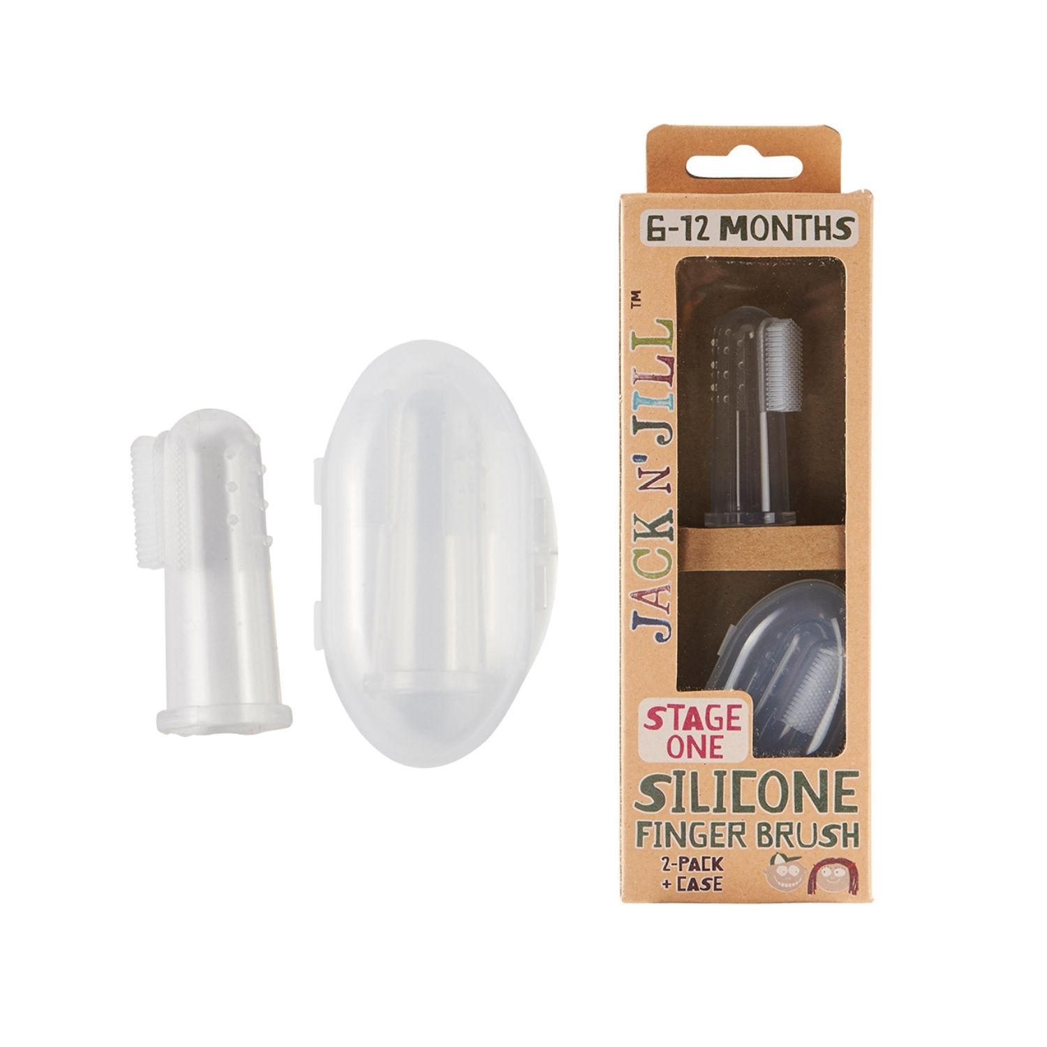Jack n' Jill Οδοντόβουρτσα Δακτύλου Σιλικόνης, 2ΤΜΧ με Θήκη, Stage 1: 6-12 μηνών