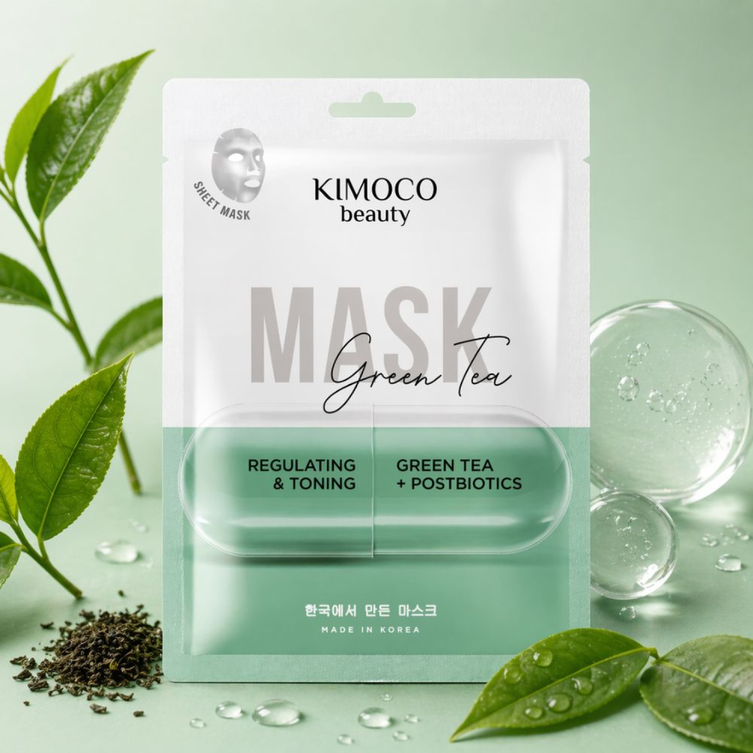 KIMOCO Korean Beauty-Ρυθμιστική και Τονωτική Μάσκα Προσώπου με Εκχύλισμα Πράσινου Τσαγιού & Postbiotics, 23ml