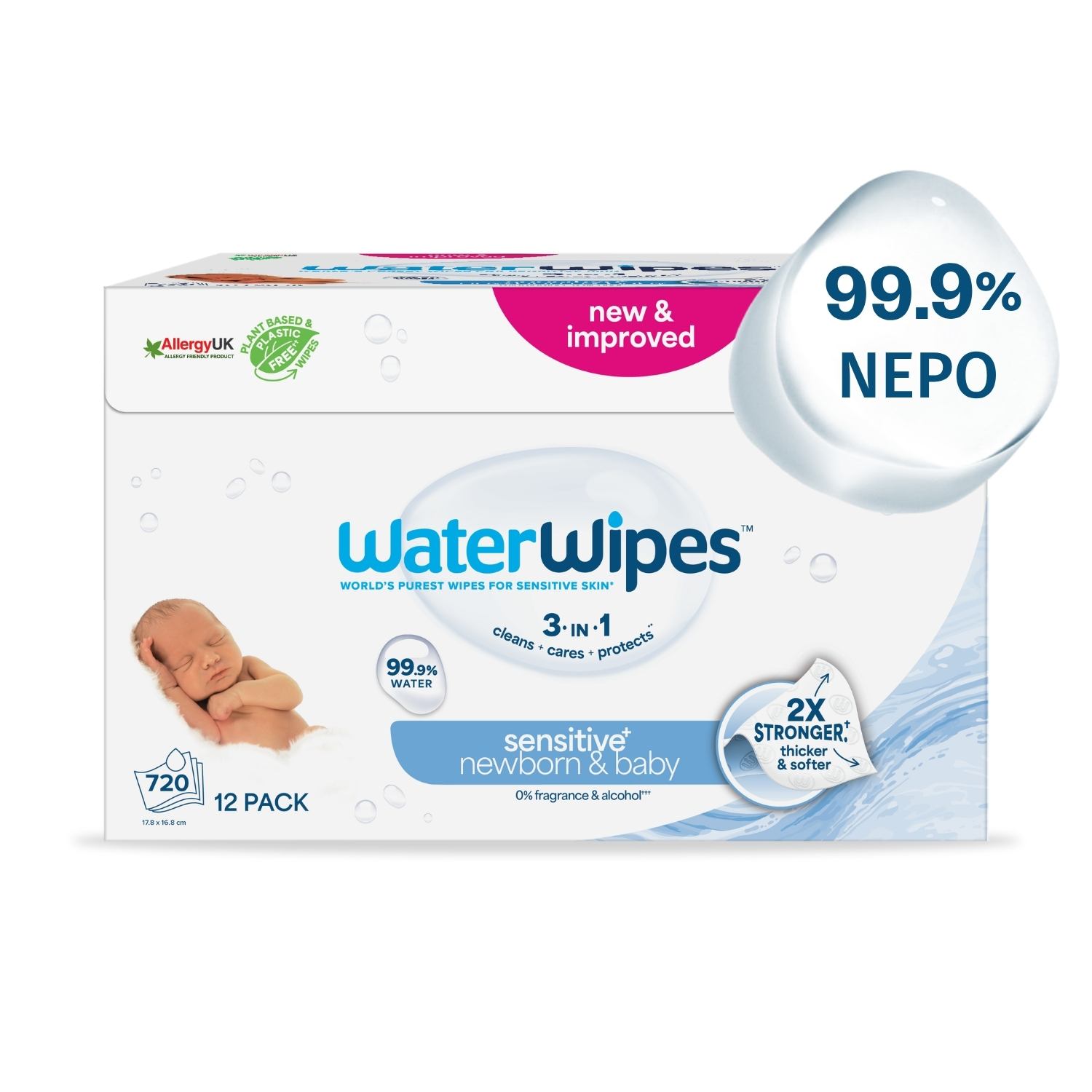 WaterWipes Sensitive+, Πακέτο Προσφοράς 12x60 Μαντηλάκια με 2 ΜΟΝΟ Συστατικά, 99.9% Νερό