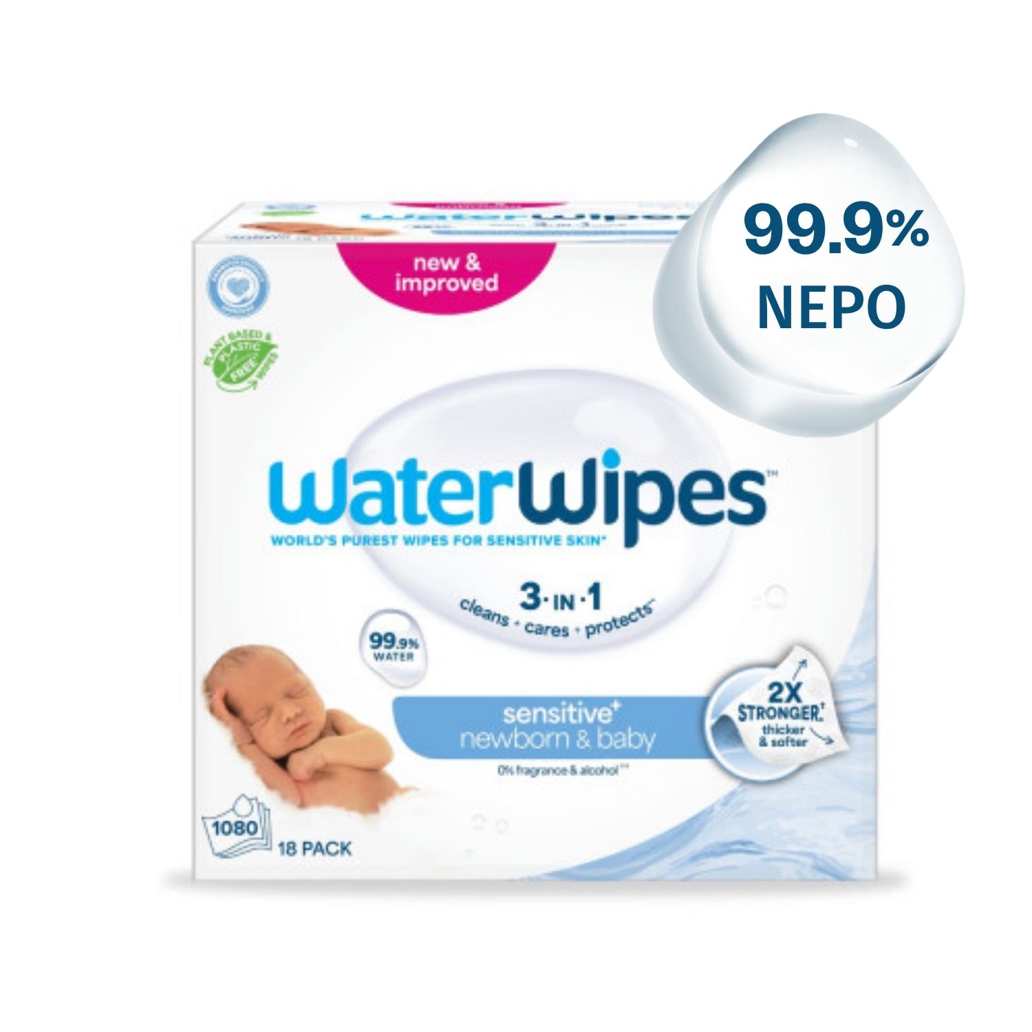 WaterWipes Sensitive+, Πακέτο Προσφοράς 18x60 Μαντηλάκια με 2 ΜΟΝΟ Συστατικά, 99.9% Νερό