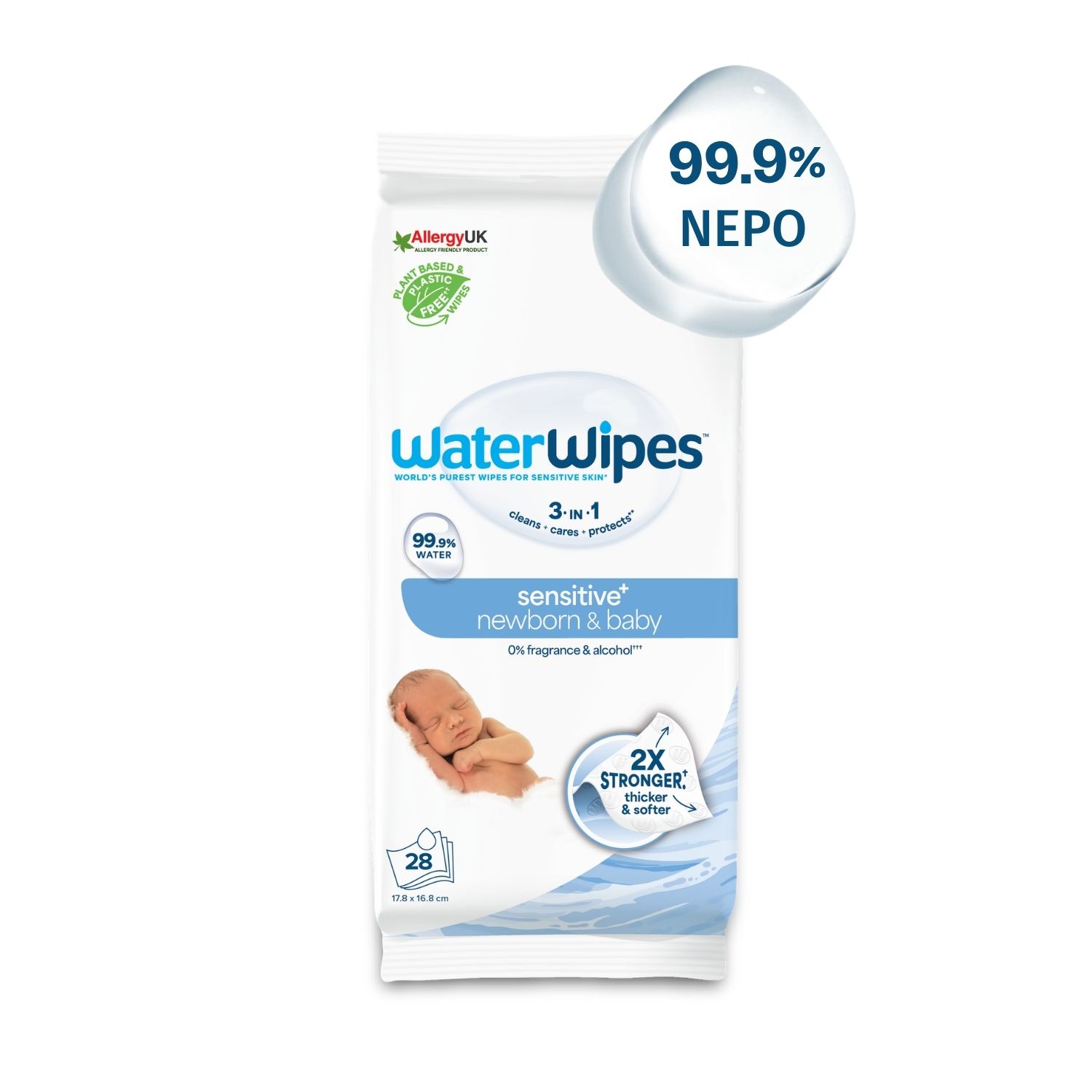 WaterWipes Sensitive+, Πακέτο 28 Μαντηλάκια, με 2 ΜΟΝΟ Συστατικά, 99.9% Νερό