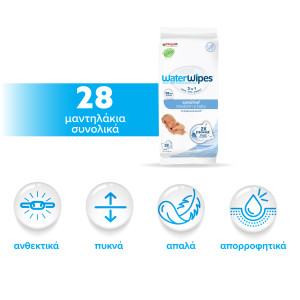 WaterWipes Sensitive+, Πακέτο 28 Μαντηλάκια, με 2 ΜΟΝΟ Συστατικά, 99.9% Νερό