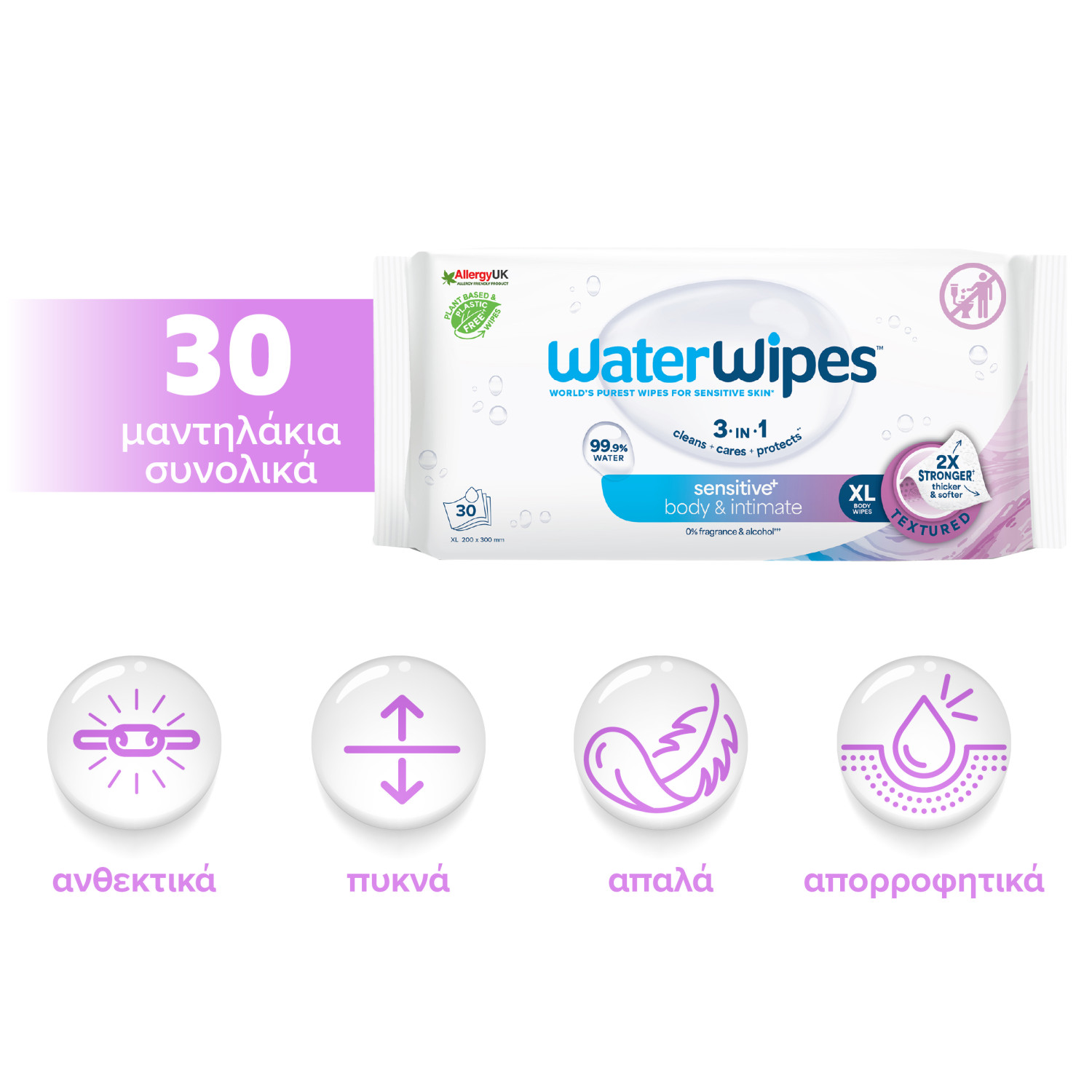 ΝΕΑ WaterWipes Sensitive+ Body & Intimate , XL Υγρα Μαντηλάκια Ενηλίκων, Πακέτο 30 Μαντηλάκια, με 2 ΜΟΝΟ Συστατικά, 99.9% Νερό
