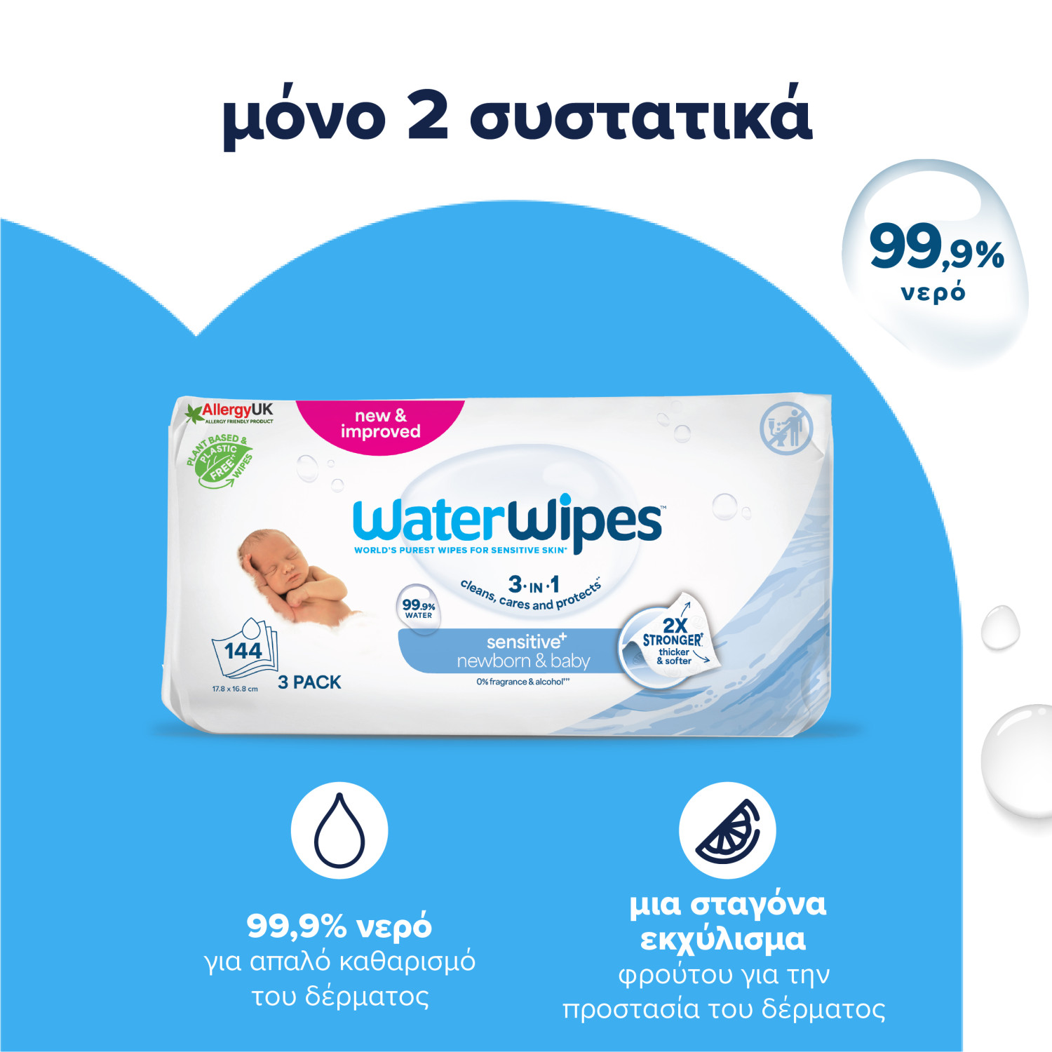 WaterWipes Sensitive+, Πακέτο Προσφοράς 3x48 Μαντηλάκια με 2 ΜΟΝΟ Συστατικά, 99.9% Νερό