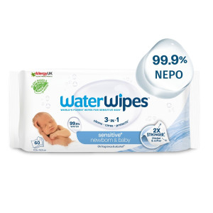 WaterWipes Sensitive+, Πακέτο 60 Μαντηλάκια, με 2 ΜΟΝΟ Συστατικά, 99.9% Νερό