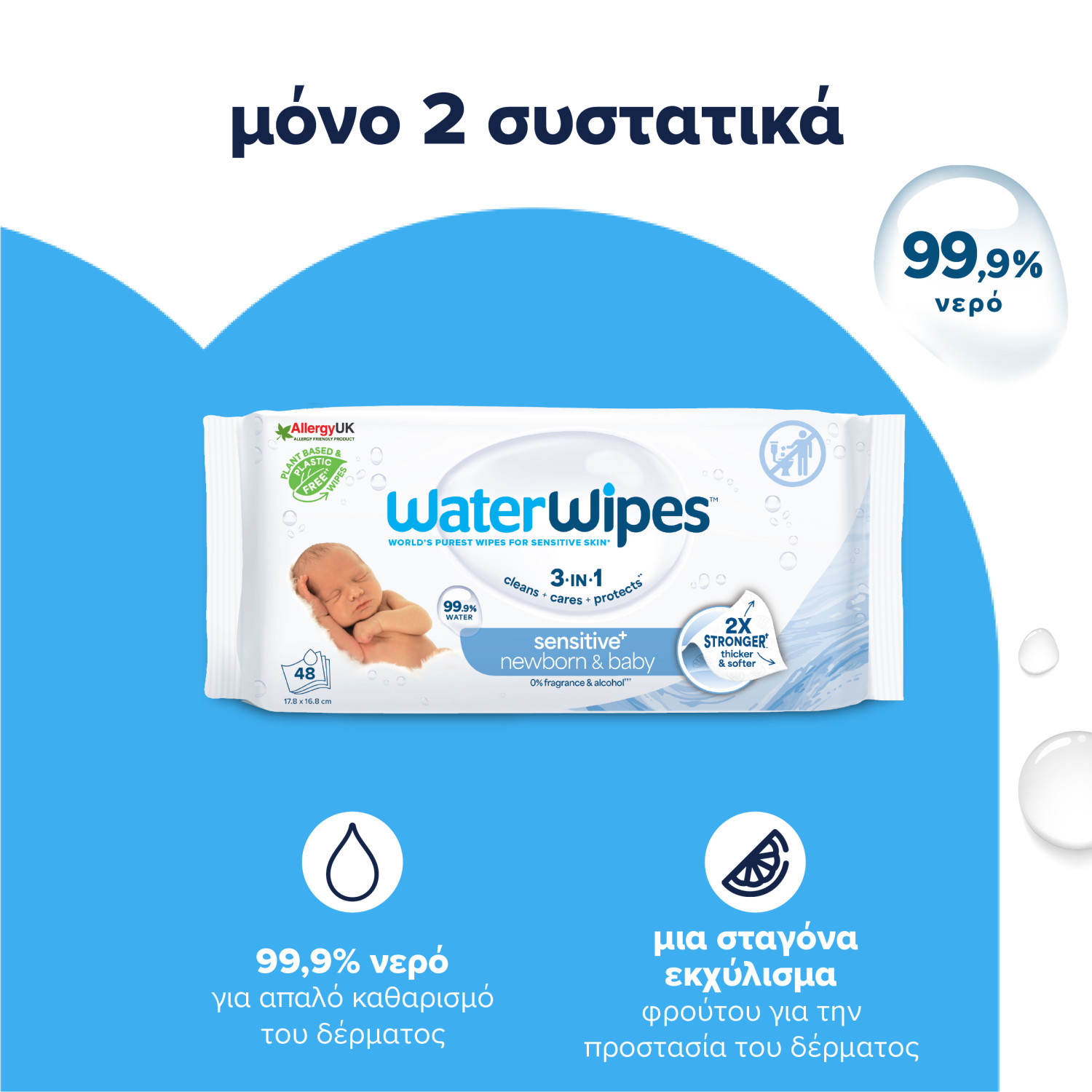WaterWipes Sensitive+, Πακέτο 60 Μαντηλάκια, με 2 ΜΟΝΟ Συστατικά, 99.9% Νερό