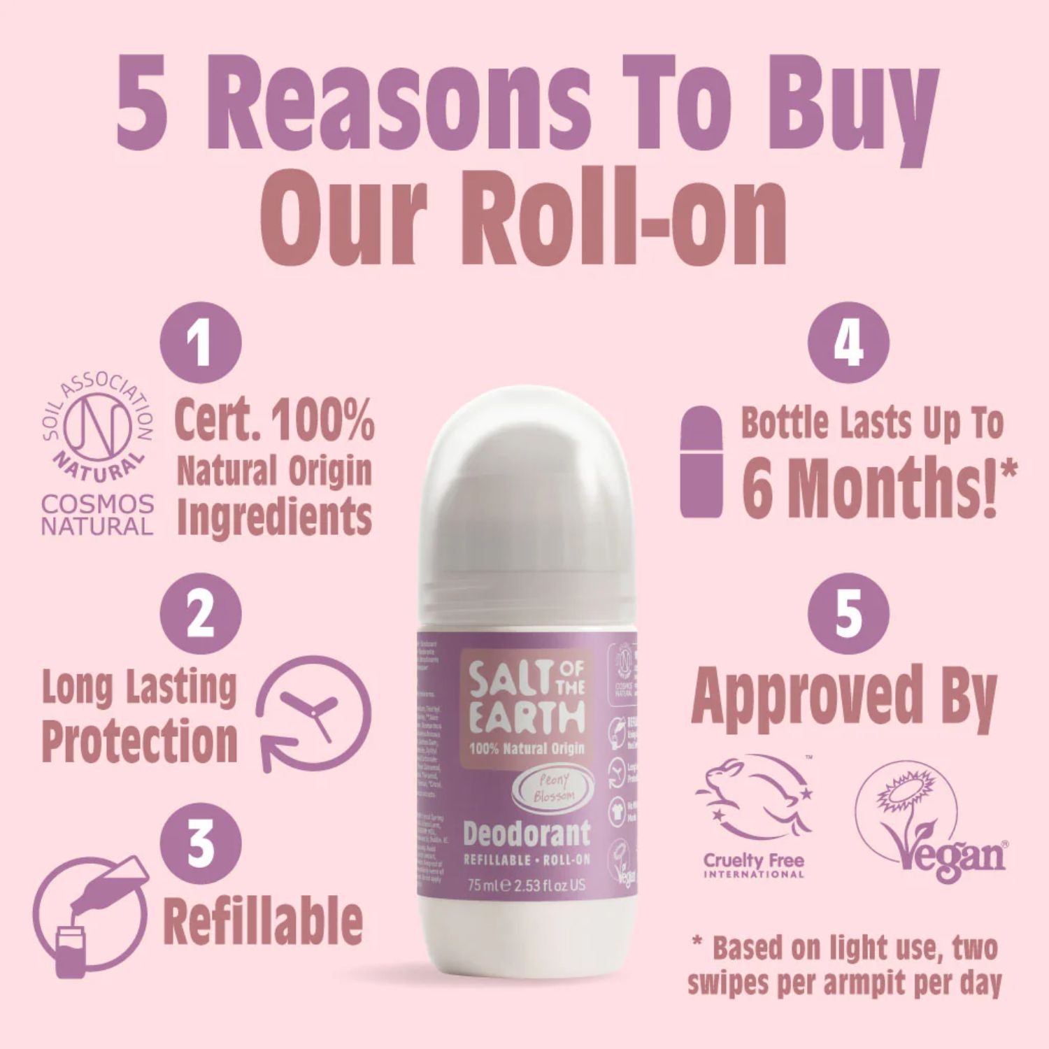 Salt of the Earth, Vegan Αποσμητικό, Επαναγεμιζόμενο Roll-On 75ml, Peony Blossom