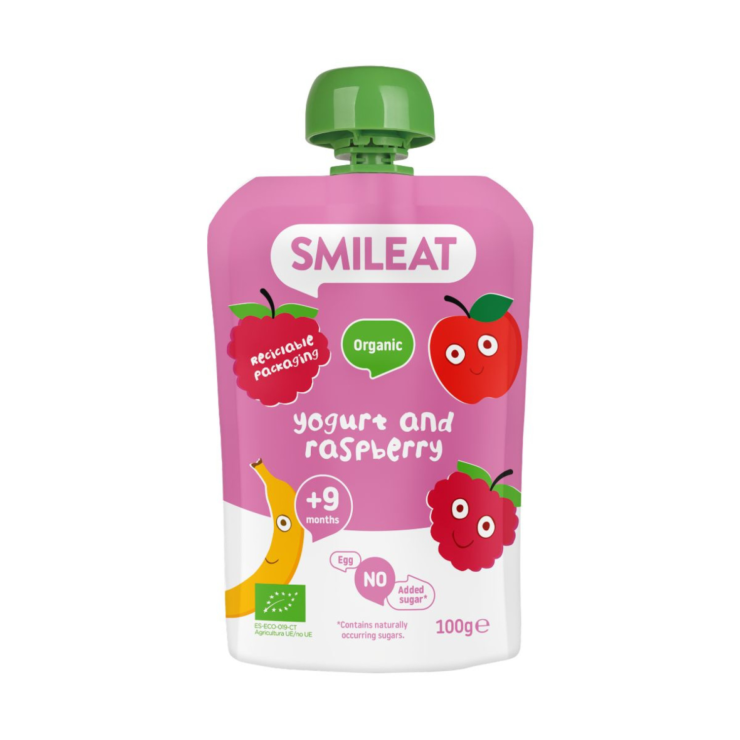Smileat, Πουρές Φρούτων σε Pouch, Βιολογικής Προέλευσης, Γιαούρτι και Raspberry, Χωρίς Γλουτένη, 100gr