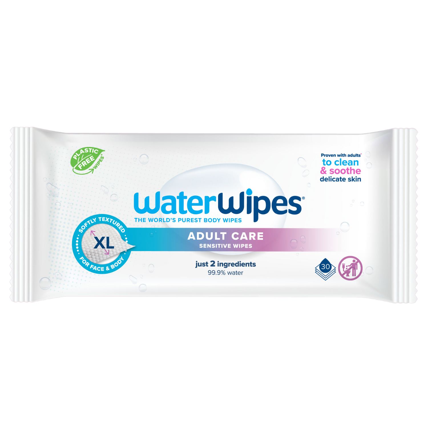 WaterWipes, Μαντηλάκια Καθαρισμού Ενηλίκων, XL Μαντηλάκι, 100% Plastic-free Άοσμα, 99.9% Νερό, 30 Μαντηλάκια