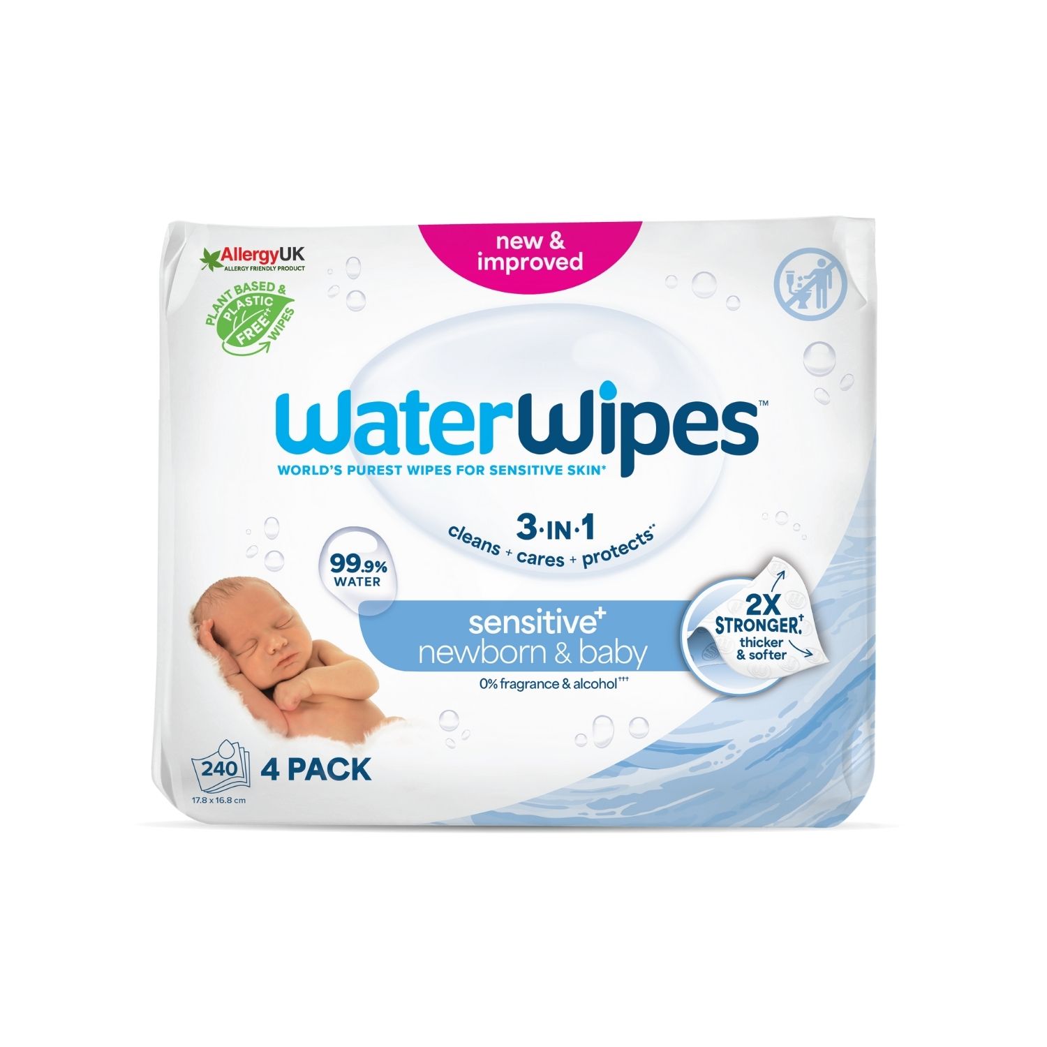 ΝΕΑ WaterWipes Sensitive+, Πακέτο Προσφοράς 4x60 Μαντηλάκια