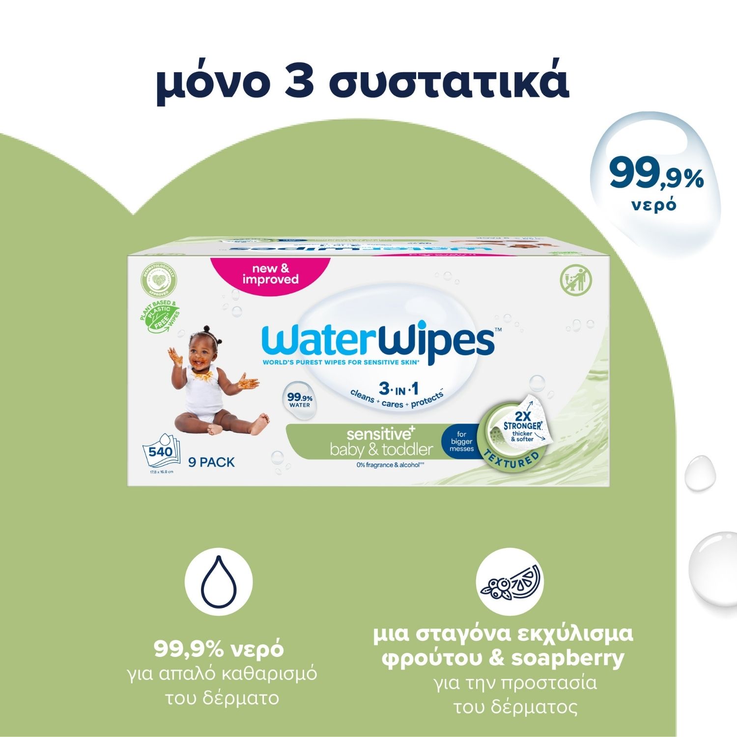 ΝΕΑ WaterWipes Sensitive+, με Soapberry, 9x60 Μαντηλάκια