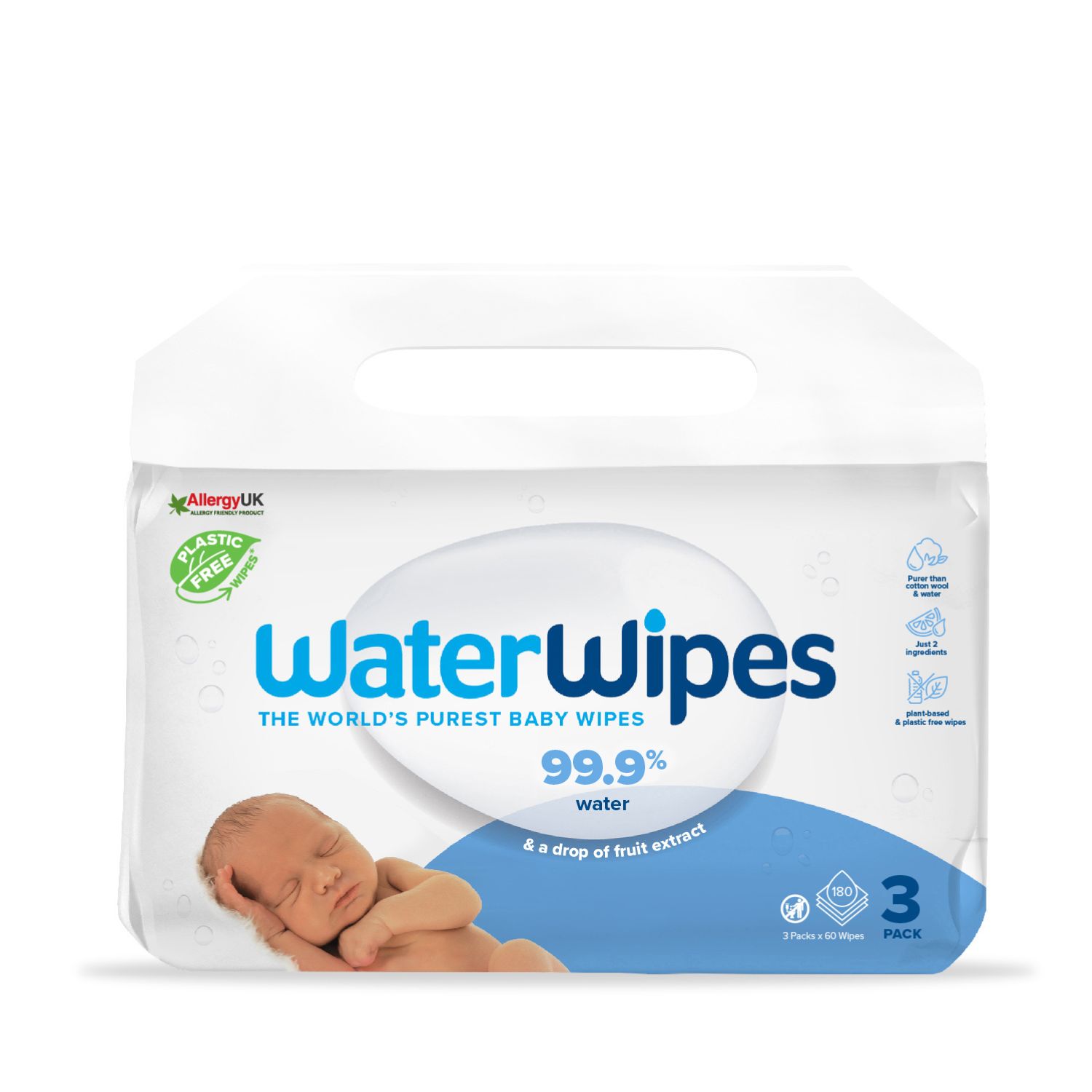 WaterWipes, 100% Plastic-free Άοσμα Μωρομάντηλα, 99.9% Νερό, Ηλικίες 0+, 180 Μαντηλάκια (3πακ/60τμχ)