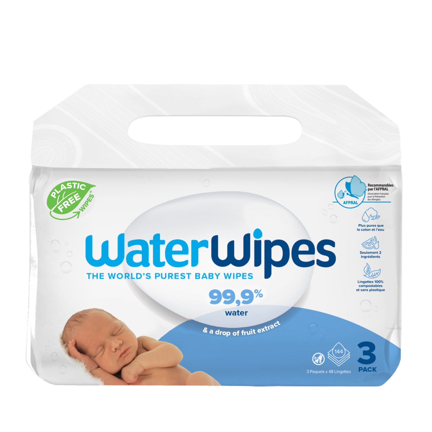 WaterWipes, 100% Plastic-free Άοσμα Μωρομάντηλα, 99.9% Νερό, Ηλικίες 0+, 144 Μαντηλάκια (3πακ/48τμχ)