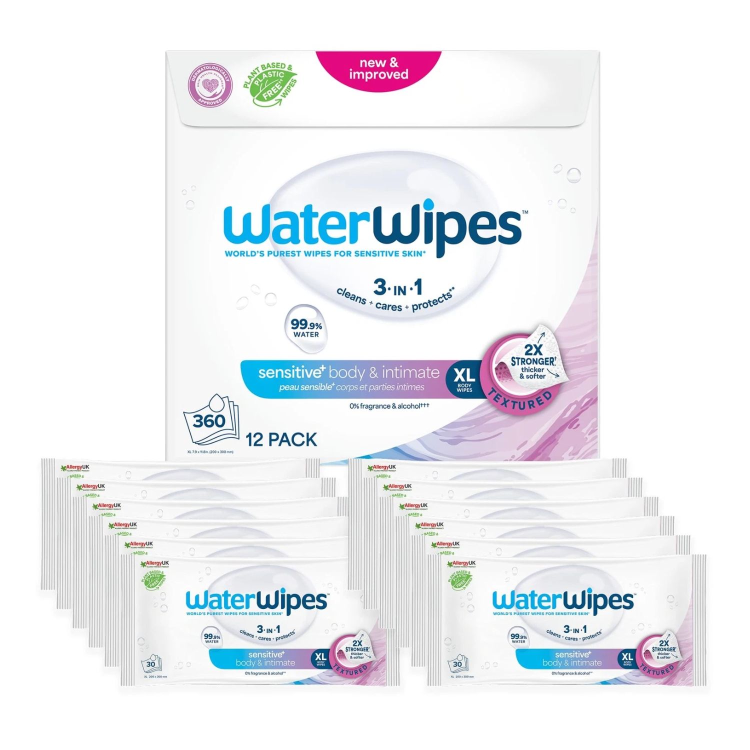 WaterWipes, Μαντηλάκια Καθαρισμού Ενηλίκων, XL Μαντηλάκι, 100% Plastic-free Άοσμα, 99.9% Νερό, Πακέτο Προσφοράς 12 Πακέτα x 30 Μαντηλάκια