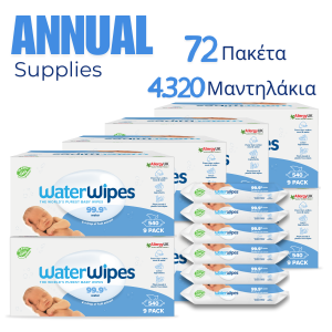 Annual Supplies, WaterWipes Value Pack, 100% Plastic-free Άοσμα Μωρομάντηλα, 99.9% Νερό, Ηλικίες 0+, 4.320 Μαντηλάκια (72πακ/60τμχ)